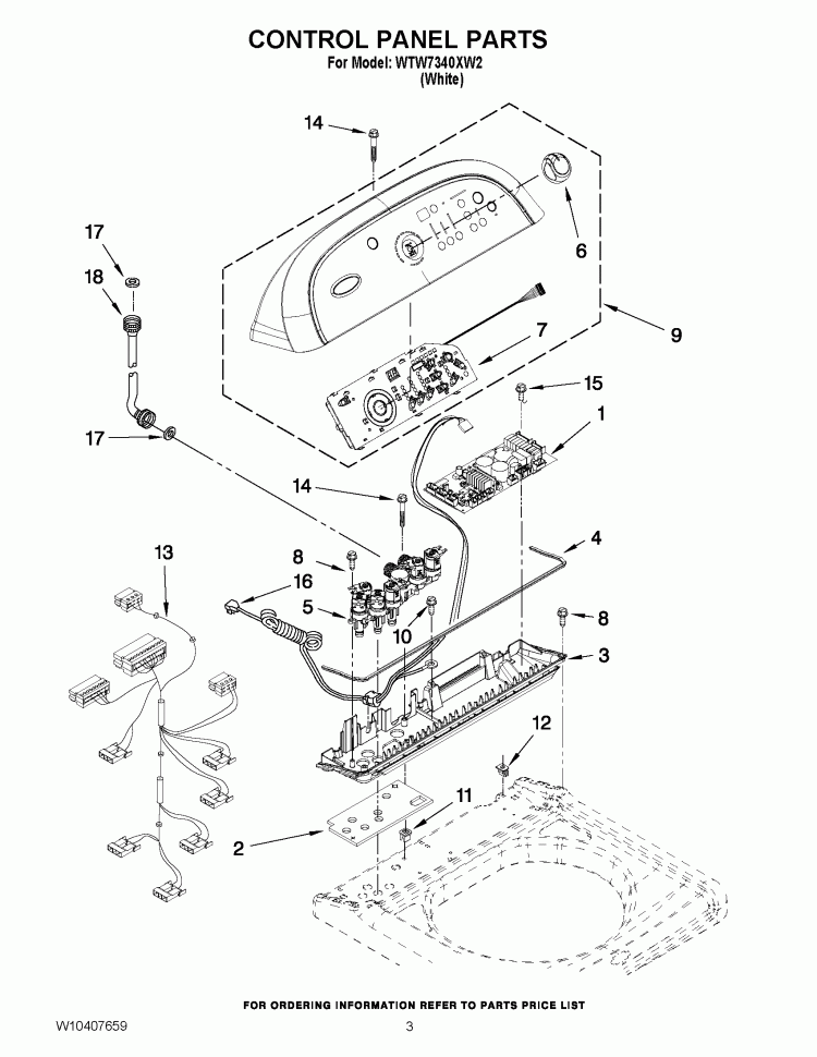 CONTROL PANEL PARTS Diagram and Parts List for WTW7340XW2  Whirlpool Washer