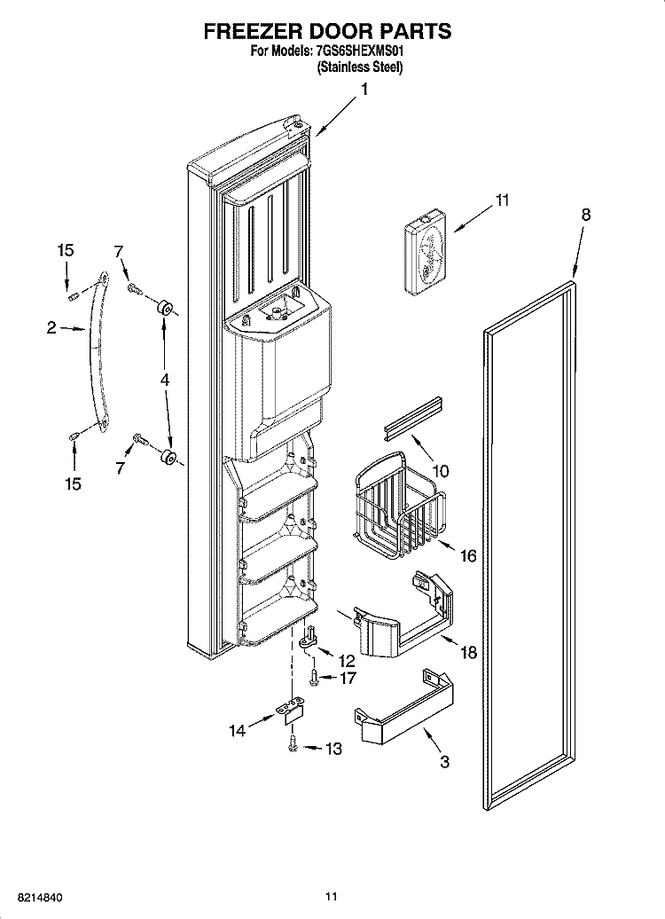 FREEZER DOOR PARTS Diagram and Parts List for 7GS6SHEXMS01  Whirlpool Refrigerator