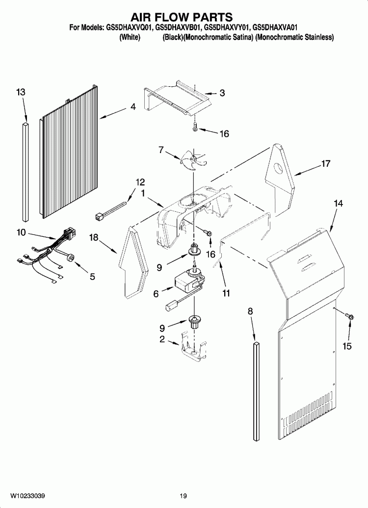 AIR FLOW PARTS, OPTIONAL PARTS (NOT INCLUDED) Diagram and Parts List for GS5DHAXVB01  Whirlpool Refrigerator