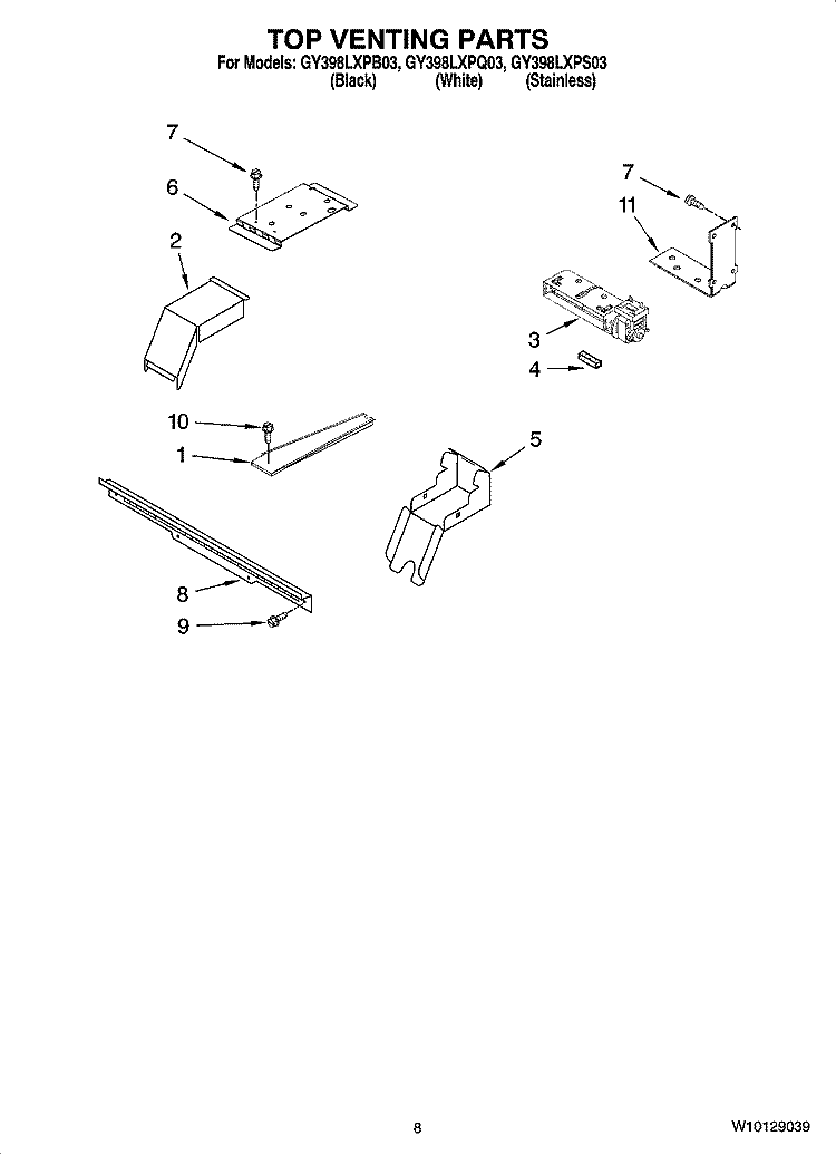TOP VENTING PARTS, OPTIONAL PARTS Diagram and Parts List for GY398LXPB03  Whirlpool Range
