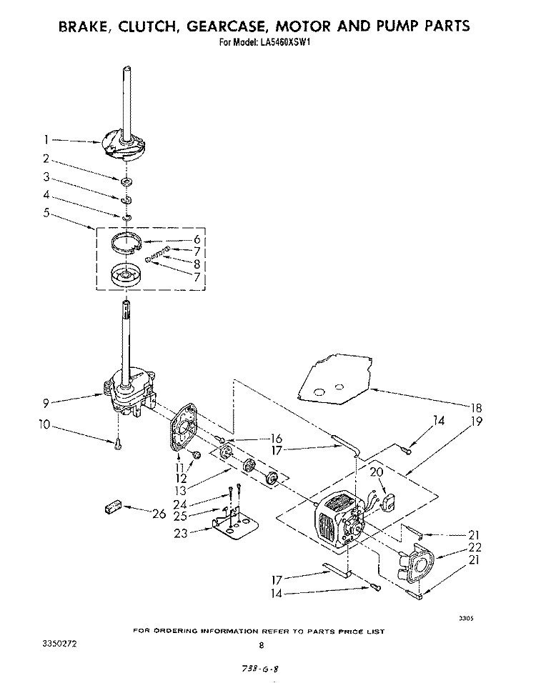 BRAKE, CLUTCH, GEARCASE, MOTOR AND PUMP Diagram and Parts List for LA5460XSW1  Whirlpool Washer