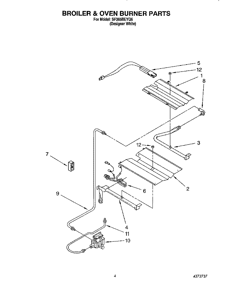 BROILER & OVEN BURNER Diagram and Parts List for SF365BEYQ6  Whirlpool Range