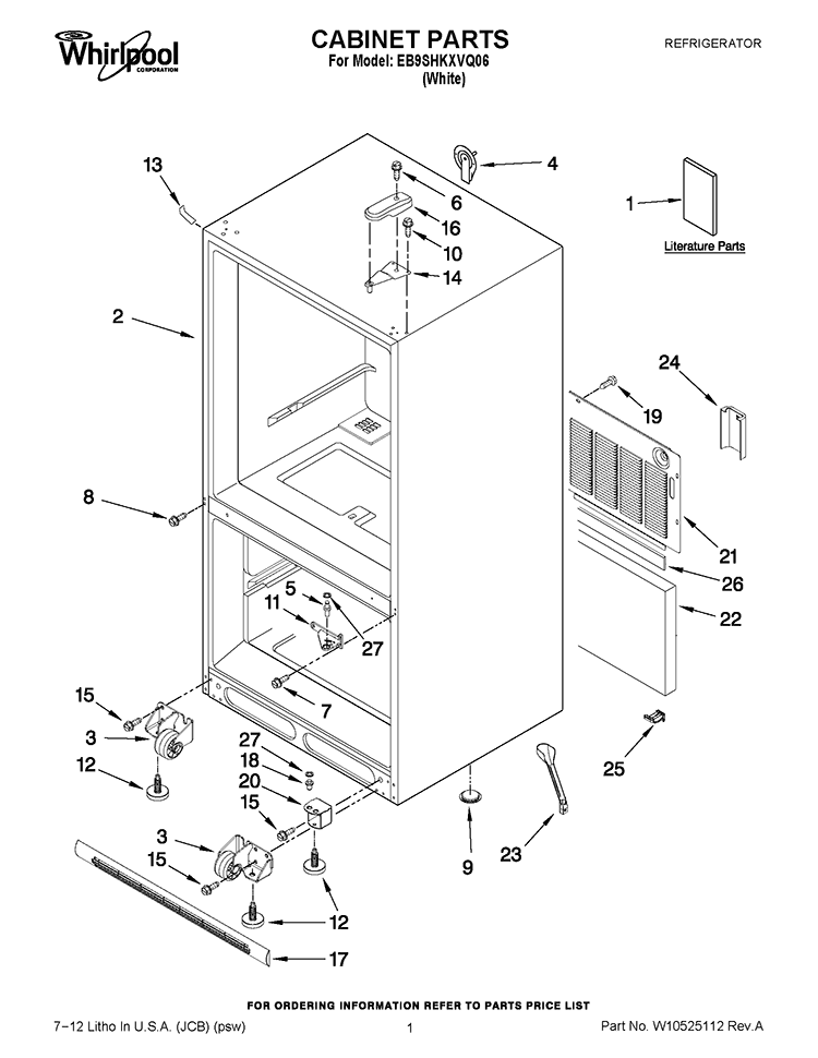 CABINET PARTS Diagram and Parts List for EB9SHKXVQ06  Whirlpool Refrigerator