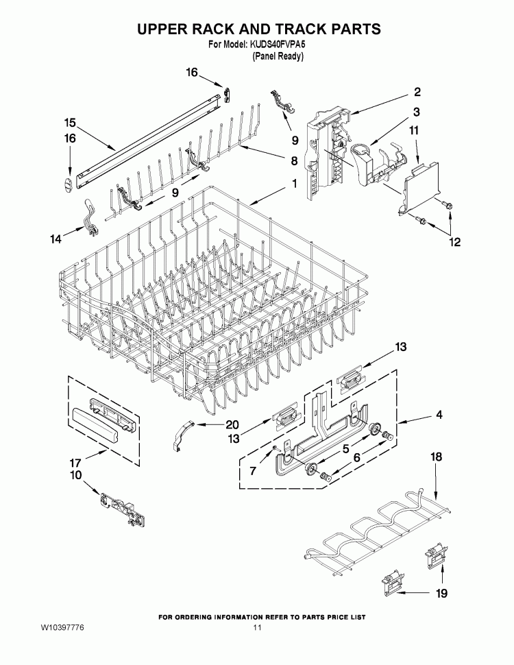 UPPER RACK AND TRACK PARTS Diagram and Parts List for KUDS40FVPA5  KitchenAid Dishwasher