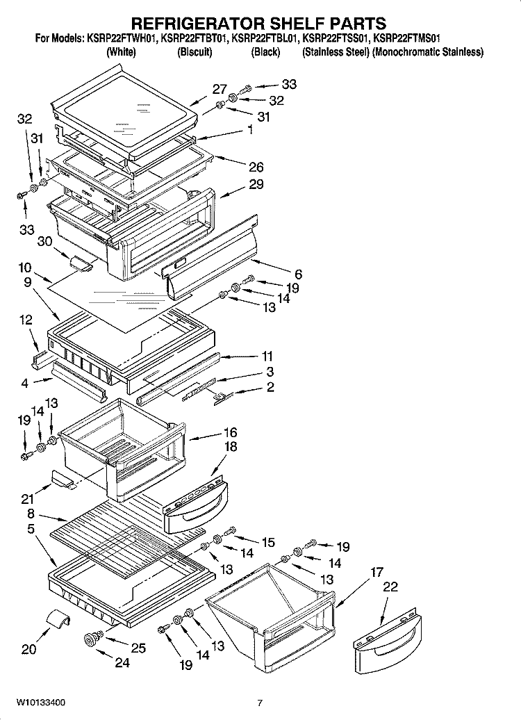 REFRIGERATOR SHELF PARTS Diagram and Parts List for KSRP22FTWH01  KitchenAid Refrigerator
