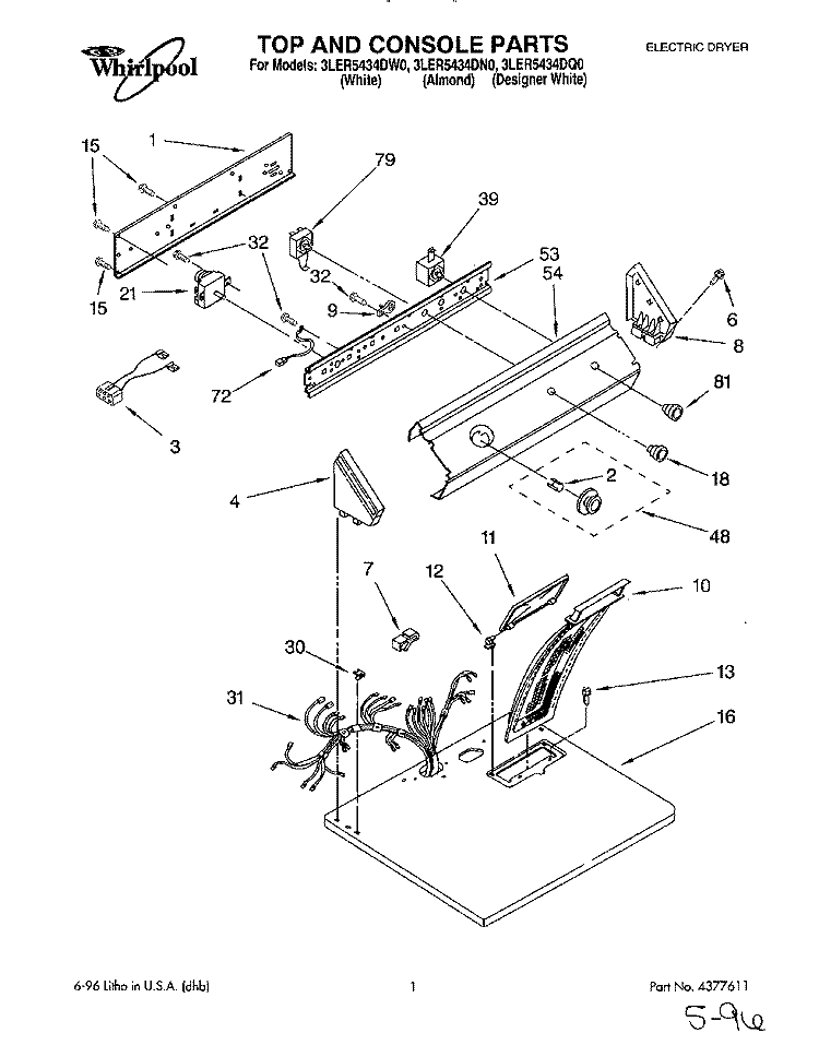 SECTION Diagram and Parts List for 3LER5434DN0  Whirlpool Dryer