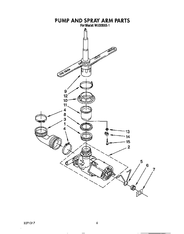 PUMP AND SPRAY ARM Diagram and Parts List for WU3006X1  Roper Dishwasher