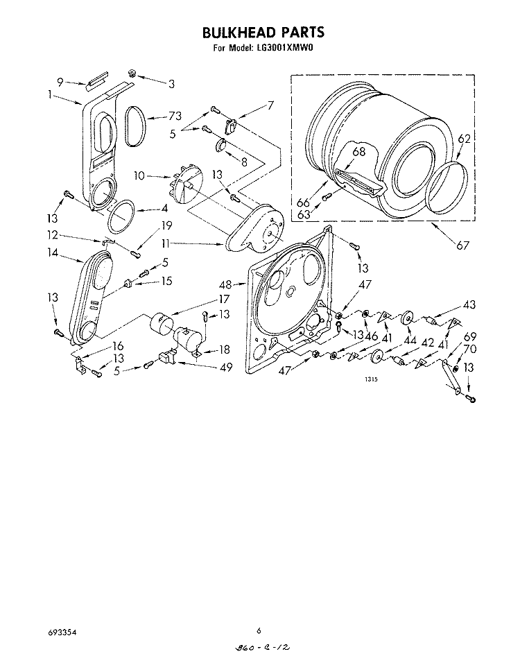 BULKHEAD Diagram and Parts List for LG3001XMW0  Whirlpool Dryer