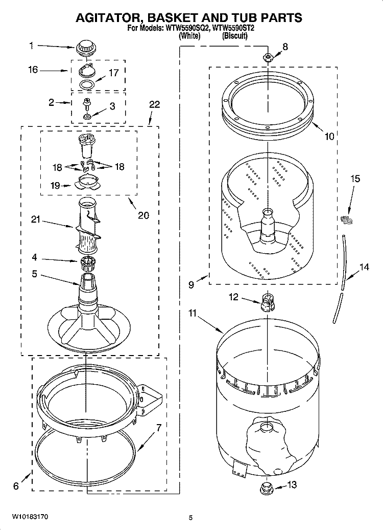 AGITATOR, BASKET AND TUB PARTS Diagram and Parts List for WTW5590ST2  Whirlpool Washer