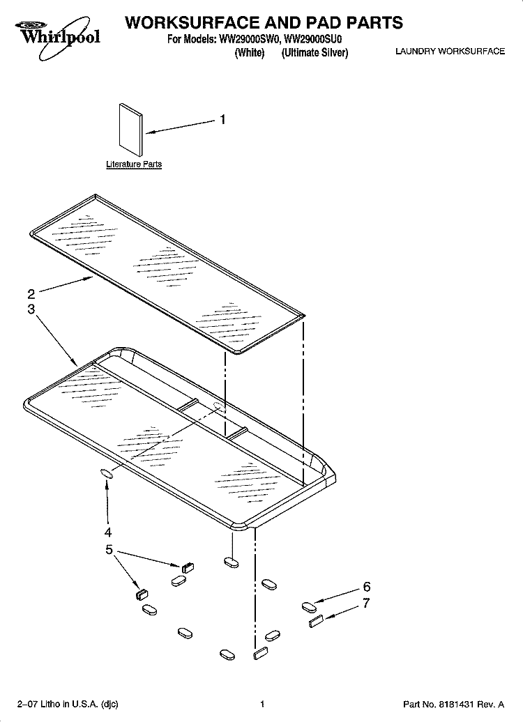 WORKSURFACE AND PAD PARTS Diagram and Parts List for WW29000SW0  Whirlpool Washer