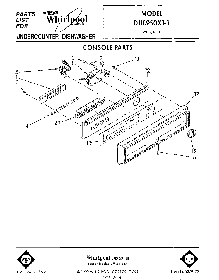 CONSOLE Diagram and Parts List for DU8950XT1  Whirlpool Dishwasher