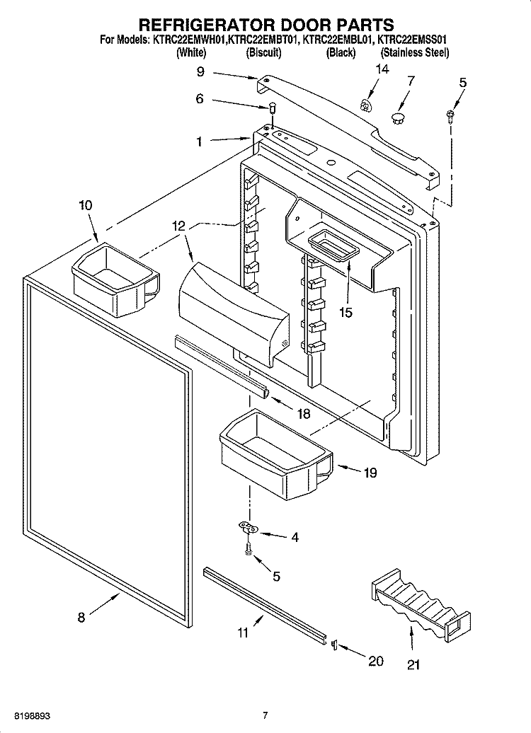 REFRIGERATOR DOOR PARTS Diagram and Parts List for KTRC22EMWH01  KitchenAid Refrigerator