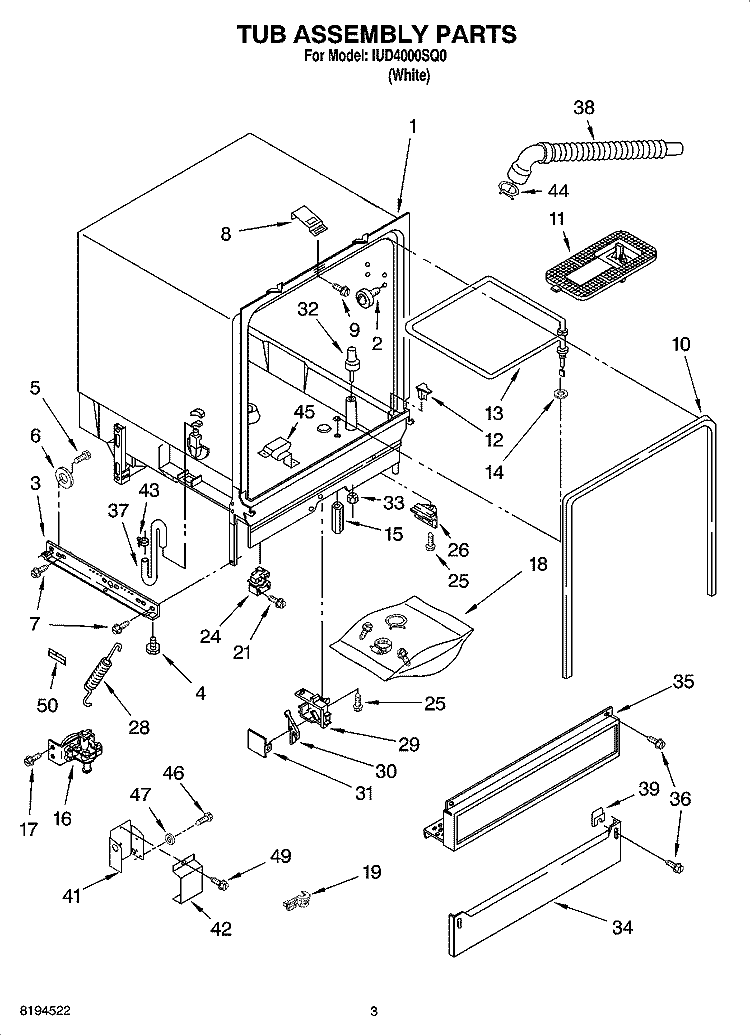 TUB ASSEMBLY PARTS Diagram and Parts List for IUD4000SQ0  Whirlpool Dishwasher