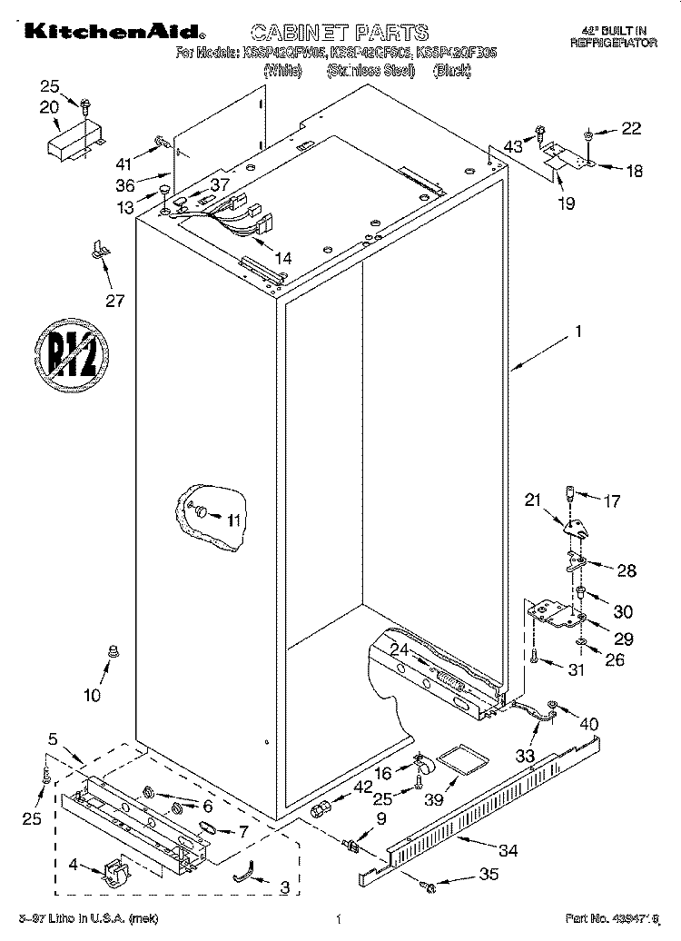 CABINET Diagram and Parts List for KSSP42QFB05  KitchenAid Refrigerator