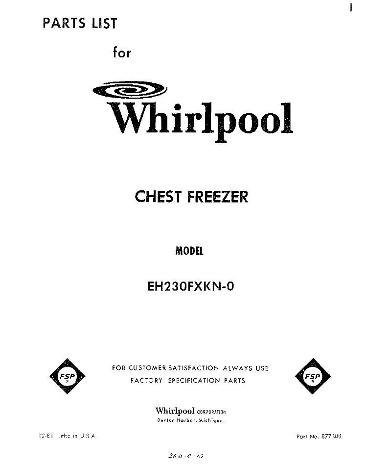 SECTION Diagram and Parts List for EH230FXKN0  Whirlpool Freezer