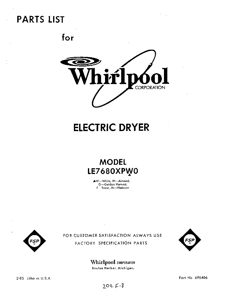 SECTION Diagram and Parts List for LE7680XPW0  Whirlpool Dryer