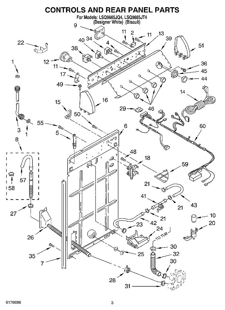 CONTROLS AND REAR PANEL Diagram and Parts List for LSQ9665JQ4  Whirlpool Washer
