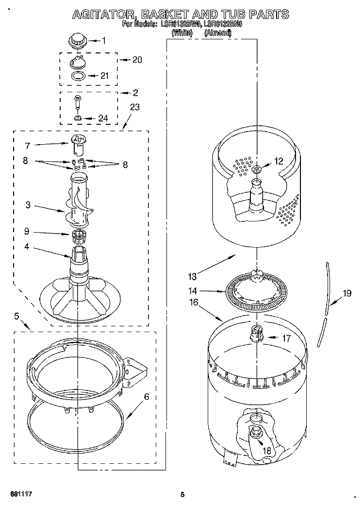 AGITATOR, BASKET AND TUB Diagram and Parts List for LSR6132BW0  Whirlpool Washer