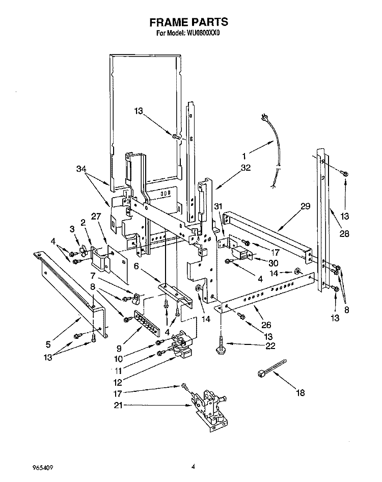 FRAME, LIT/OPTIONAL Diagram and Parts List for WU0800XX0  Roper Dishwasher