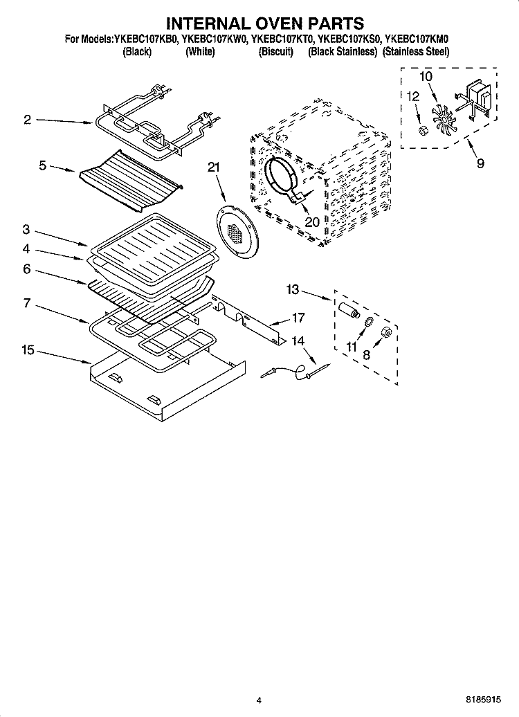 INTERNAL OVEN PARTS Diagram and Parts List for YKEBC107KW0  KitchenAid Wall Oven