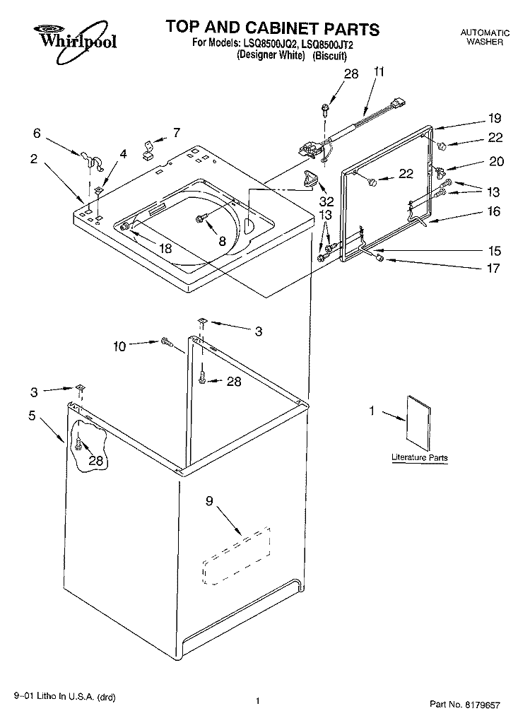 TOP AND CABINET, LITERATURE Diagram and Parts List for LSQ8500JQ2  Whirlpool Washer