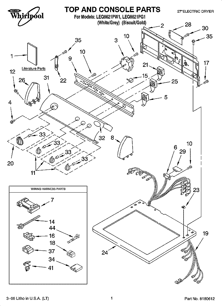 TOP AND CONSOLE PARTS Diagram and Parts List for LEQ8621PW1  Whirlpool Dryer