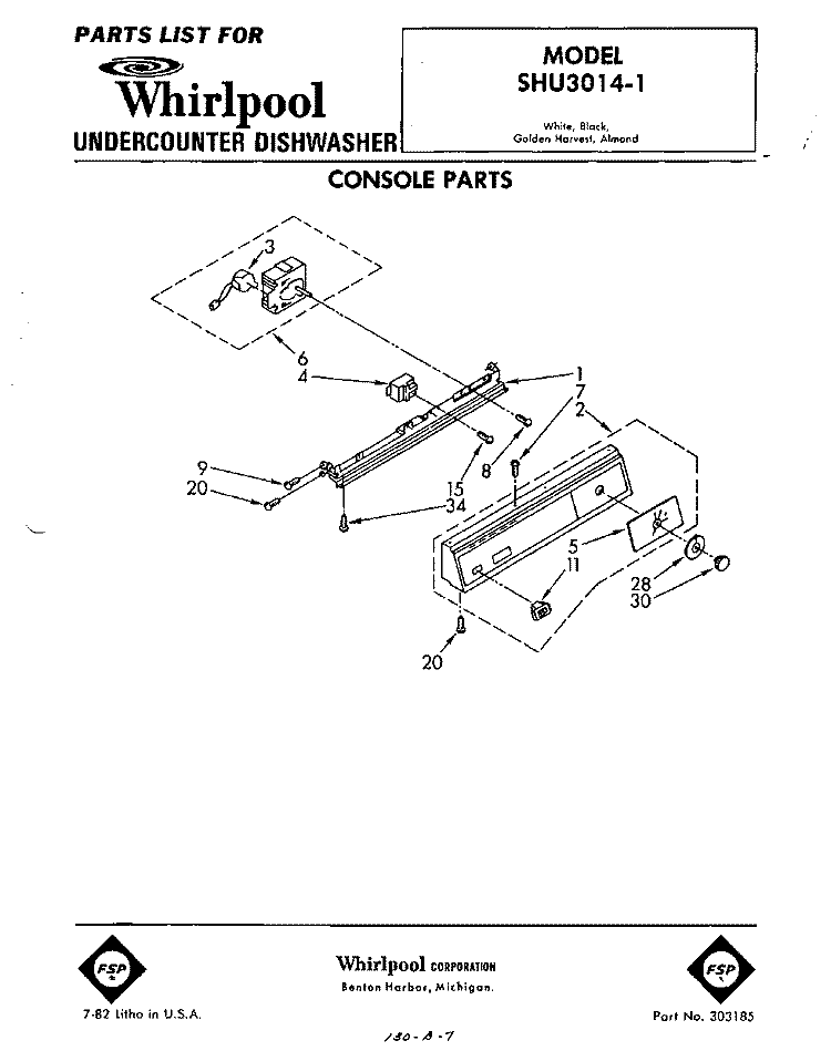 CONSOLE Diagram and Parts List for SHU30141  Whirlpool Dishwasher