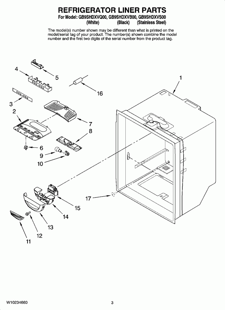 REFRIGERATOR LINER PARTS Diagram and Parts List for GB9SHDXVB00  Whirlpool Refrigerator