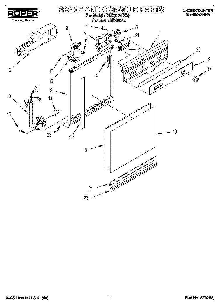 FRAME AND CONSOLE Diagram and Parts List for RUD5750DB0  Roper Dishwasher