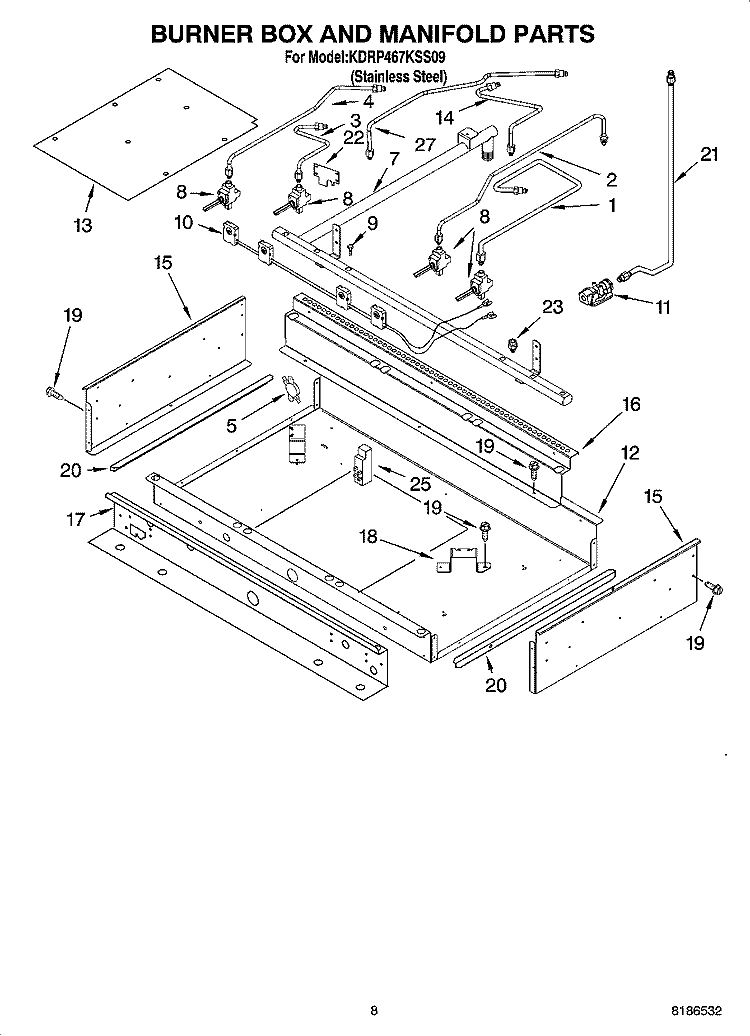 BURNER BOX AND MANIFOLD PARTS Diagram and Parts List for KDRP467KSS09  KitchenAid Range