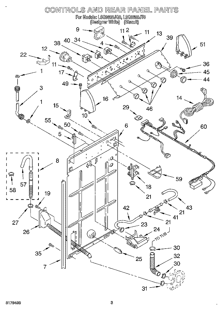 CONTROLS AND REAR PANEL Diagram and Parts List for LSQ9600JT0  Whirlpool Washer