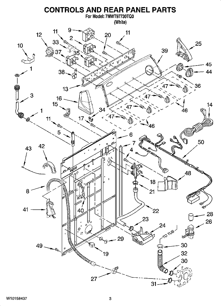 CONTROLS AND REAR PANEL PARTS Diagram and Parts List for 7MWT97730TQ0  Whirlpool Washer