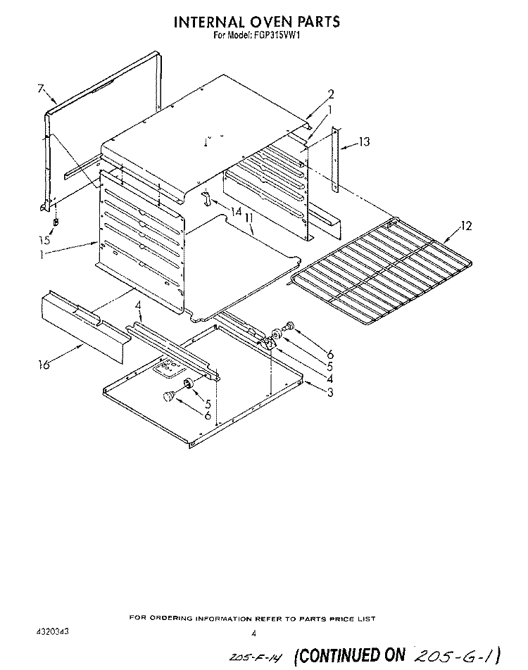 INTERNAL OVEN Diagram and Parts List for FGP315VW1  Roper Range