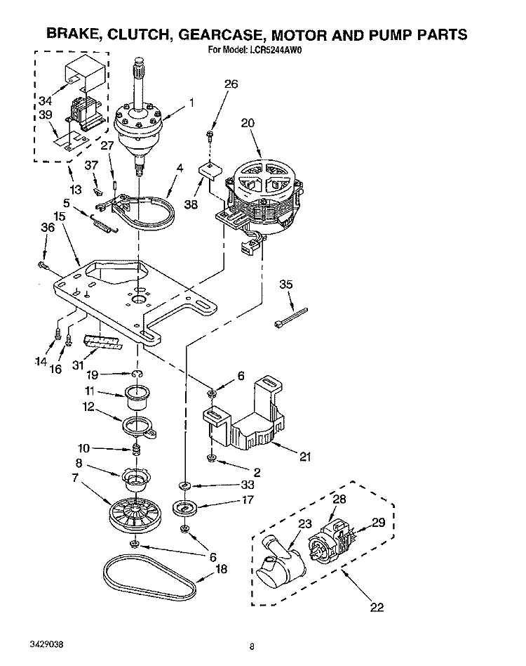 BRAKE, CLUTCH, GEARCASE, MOTOR AND PUMP Diagram and Parts List for LCR5244AN0  Whirlpool Washer