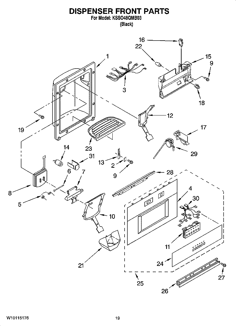 DISPENSER AND FRONT PARTS Diagram and Parts List for KSSO48QMB03  KitchenAid Refrigerator