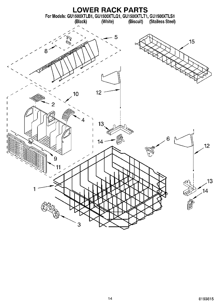 LOWER RACK PARTS Diagram and Parts List for GU1500XTLT1  Whirlpool Dishwasher