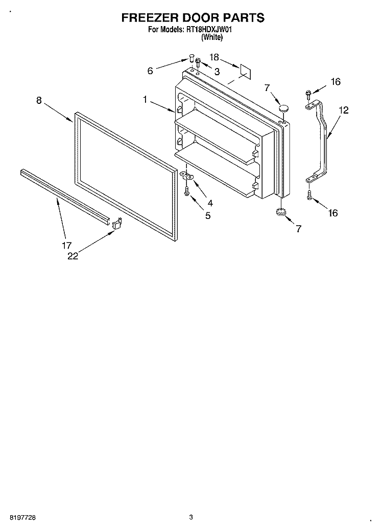 FREEZER DOOR Diagram and Parts List for RT18HDXJW01  Roper Refrigerator