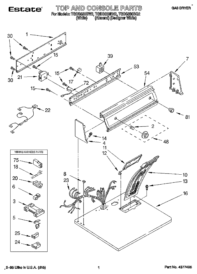 TOP AND CONSOLE, LIT/OPTIONAL Diagram and Parts List for TGDS680BW2  Estate Dryer