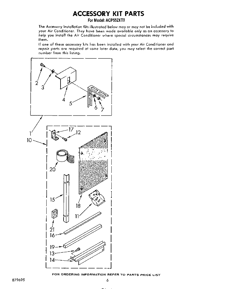 ACCESSORY Diagram and Parts List for ACP552XT0  Whirlpool Air Conditioner