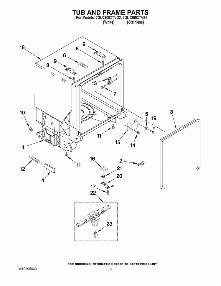 TUB AND FRAME PARTS Diagram and Parts List for 7GU2300XTVS2  Whirlpool Dishwasher