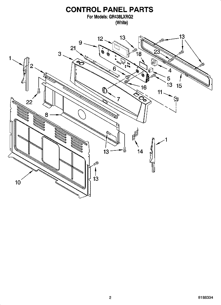 CONTROL PANEL PARTS Diagram and Parts List for GR438LXRQ2  Whirlpool Range