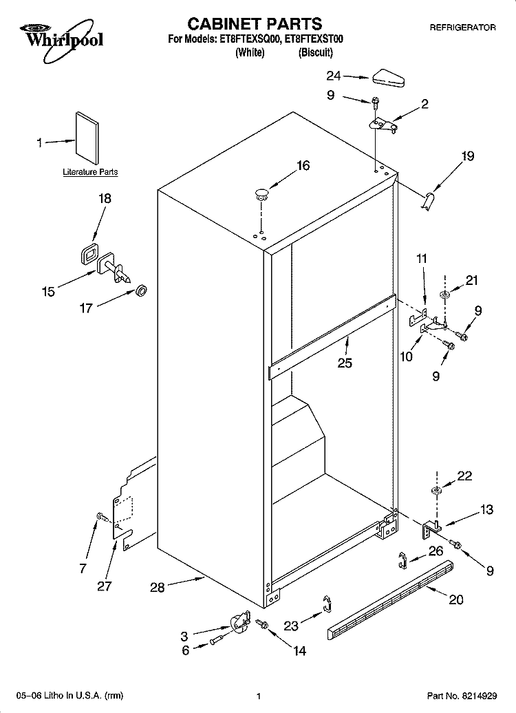 CABINET PARTS Diagram and Parts List for ET8FTEXST00  Whirlpool Refrigerator