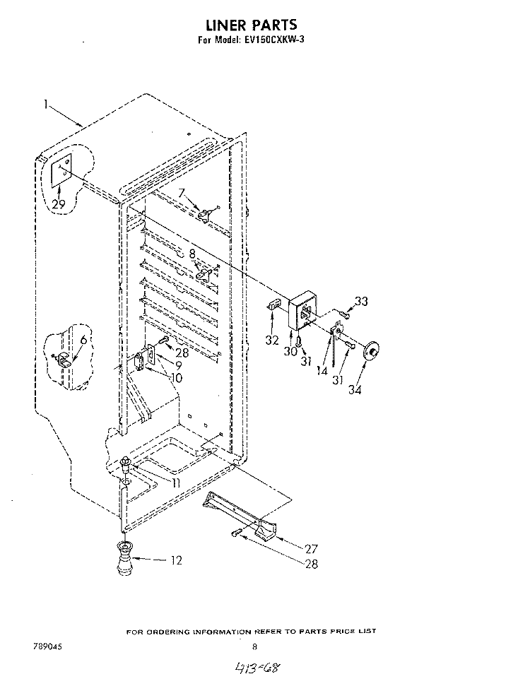 LINER Diagram and Parts List for EV150CXKW3  Whirlpool Freezer