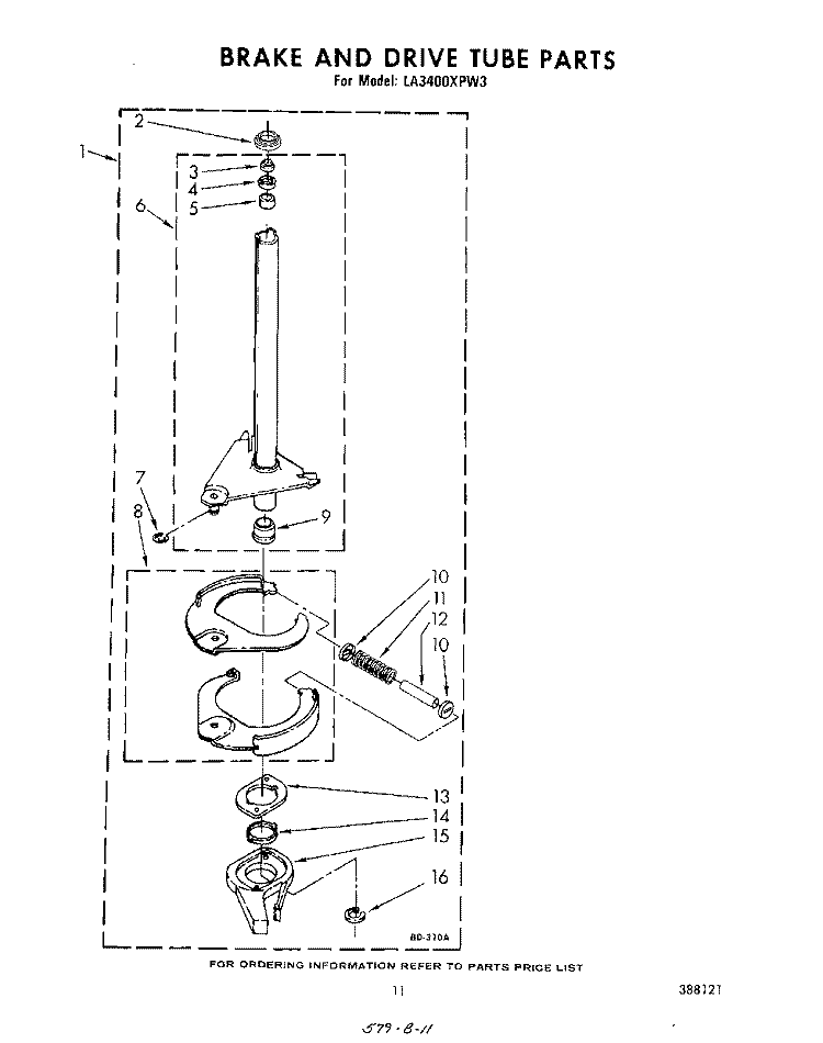BRAKE AND DRIVE TUBE Diagram and Parts List for LA3400XPW3  Whirlpool Washer
