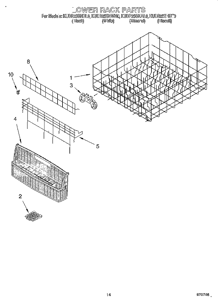 LOWER RACK Diagram and Parts List for KUDR25SHBT0  KitchenAid Dishwasher