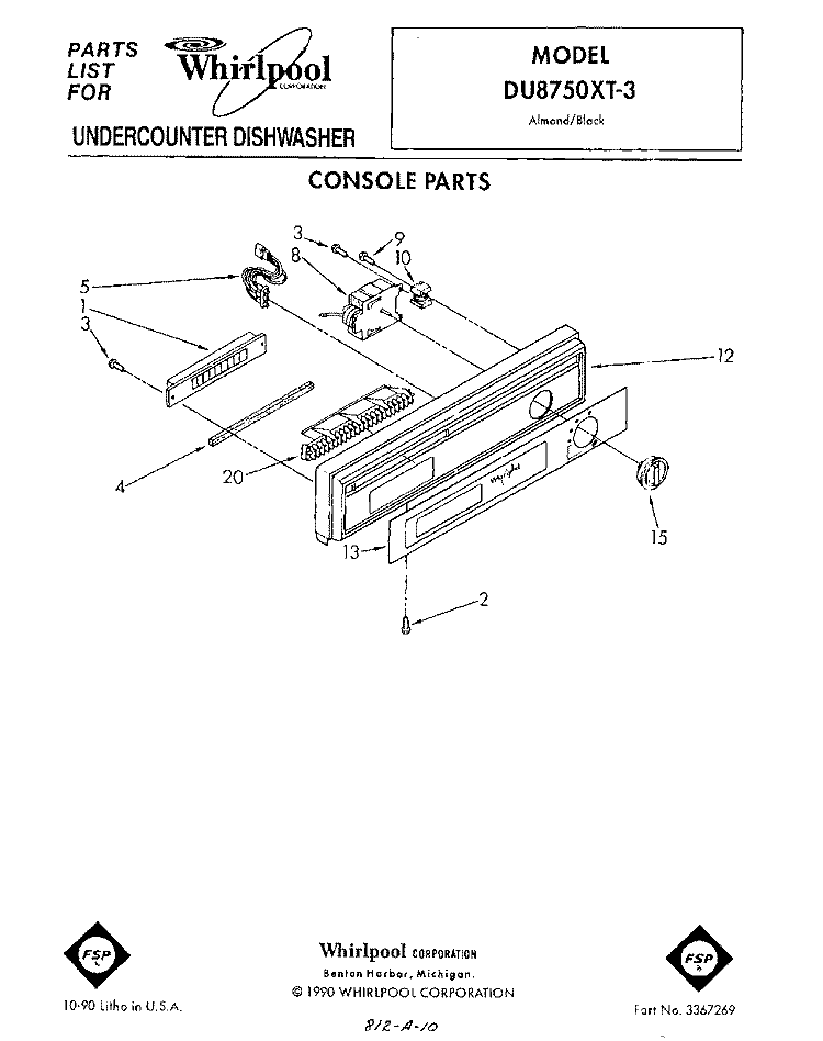 CONSOLE Diagram and Parts List for DU8750XT3  Whirlpool Dishwasher