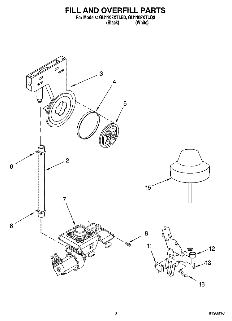 FILL AND OVERFILL PARTS Diagram and Parts List for GU1108XTLQ0  Whirlpool Dishwasher