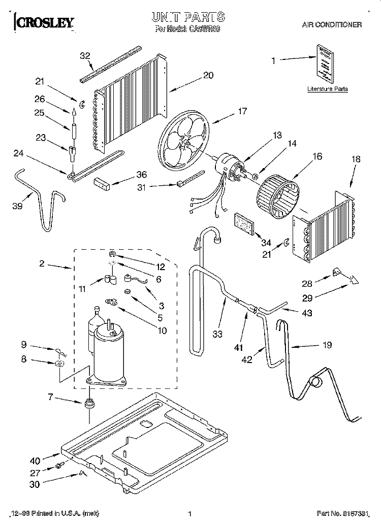 UNIT, LITERATURE Diagram and Parts List for CA8WR90  Crosley Air Conditioner