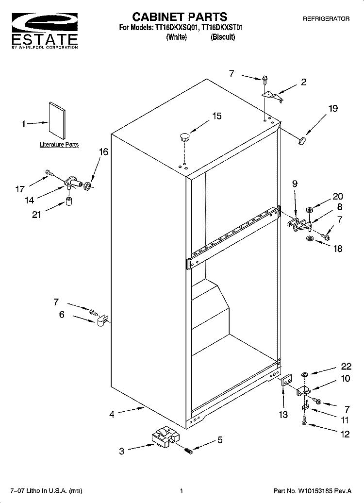 CABINET PARTS Diagram and Parts List for TT16DKXSQ01  Estate Refrigerator
