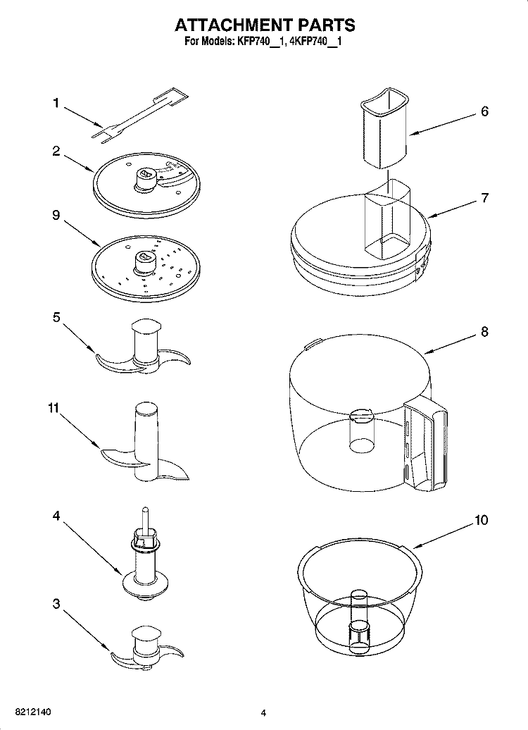 ATTACHMENT PARTS Diagram and Parts List for 4KFP740WH1  KitchenAid Food Processor